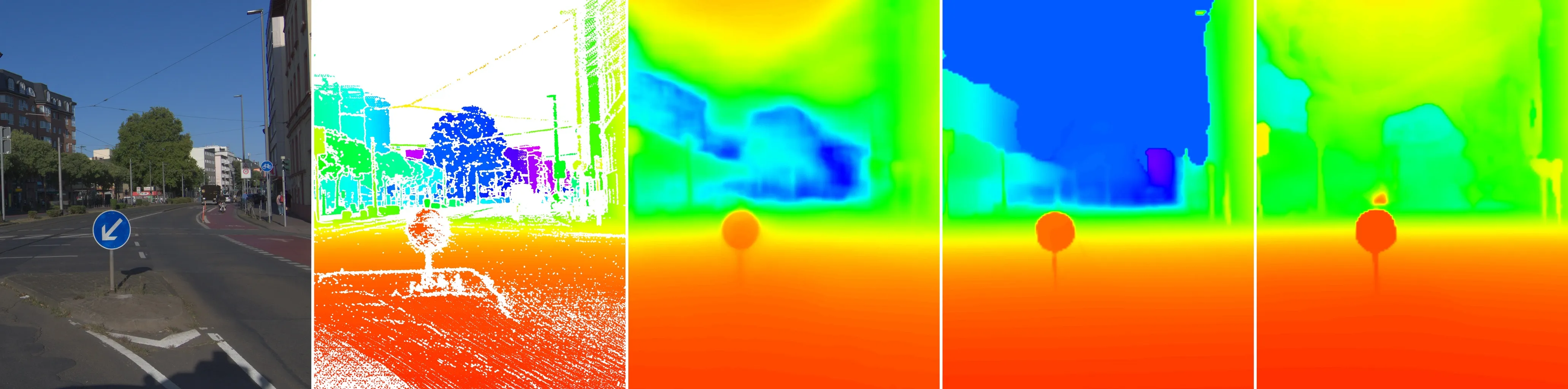 Depth estimation comparison: input, LiDAR GT, three model predictions